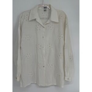Poetic White 100% Ramie Floral‎ Eyelet Embroidered Button Down BOHO Shirt Sz XL